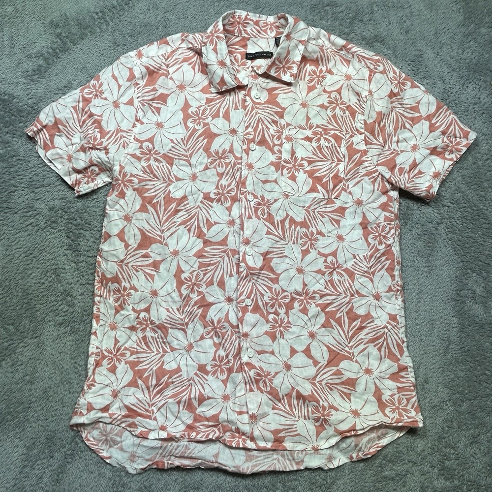 Saks Fifth Avenue‎ Shirt Mens M Pink Short Sleeve Button Up Linen Classic FLORAL